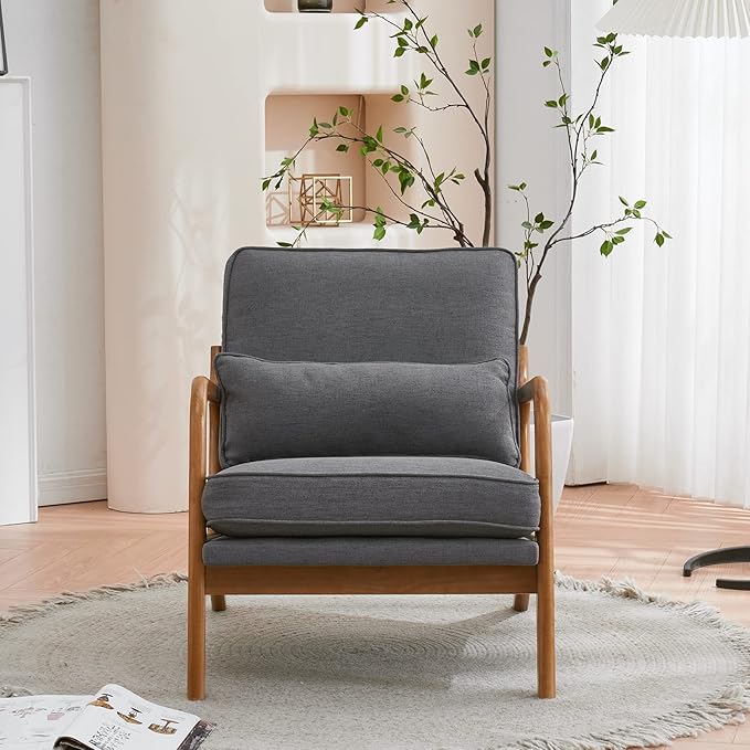 Bonnlo Linen Dark Grey Mid Century Modern Accent Chair, Soild Wood Padding Lounge Armchairs Side Sitting Chairs for Living Room, Bedroom, Guest Room - LeafyLoom