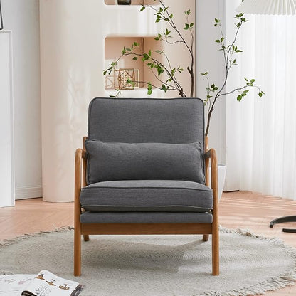 Bonnlo Linen Dark Grey Mid Century Modern Accent Chair, Soild Wood Padding Lounge Armchairs Side Sitting Chairs for Living Room, Bedroom, Guest Room - LeafyLoom