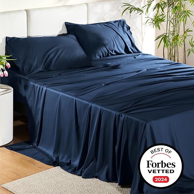 Bedsure Full Size Sheets, Cooling Sheets Full, Rayon Derived from Bamboo, Deep Pocket Up to 16", Breathable & Soft Bed Sheets, Hotel Luxury Silky Bedding Sheets & Pillowcases, Navy - LeafyLoom