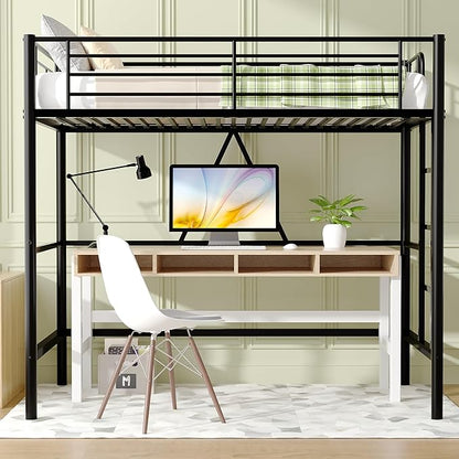 VECELO Metal Loft Bed Twin Size, Heavy Duty Bedframe with Removable Ladder and Safety Guardrail, Space-Saving, Noise Free, No Box Spring Needed, Black - LeafyLoom