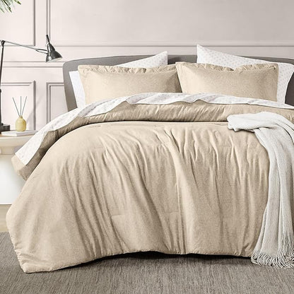 7 Pieces Beige Bedding Sets with Comforter, Modern Farmhouse Bed in a Bag Full Size, Solid Lightweight Comforter Set with Sheets, Pillowcases & Shams - LeafyLoom