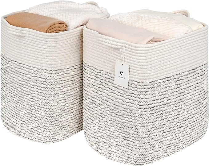 Hampers for Bins Large Blanket Basket,Storage Basket Rectangle Woven Baskets for Storage, Nursery Cotton Rope Basket Living Room, Toy Basket For Organizing, With Handle Dirty Clothes Basket - LeafyLoom