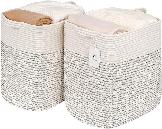 Hampers for Bins Large Blanket Basket,Storage Basket Rectangle Woven Baskets for Storage, Nursery Cotton Rope Basket Living Room, Toy Basket For Organizing, With Handle Dirty Clothes Basket - LeafyLoom