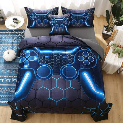 JQinHome Queen Gamer Comforter Set,6 Piece Bed in A Bag 3D Video Game Bedding -All Season Down Alternative Gamer Bedding Sets - (Blue Game Controller) - LeafyLoom