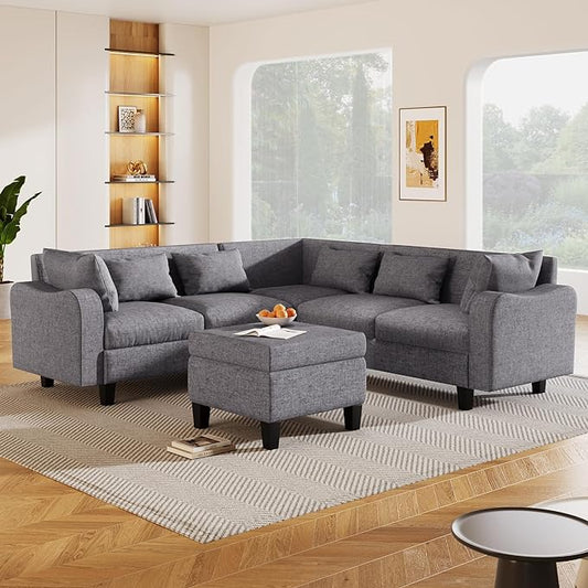 Modern L-Shaped Couch with Coffee Table & 6 Pillows, 6-Seat Sectional Sofa Set with Storage Ottoman & Unique Curved Armrest, Convertible 5-Seat Indoor Furniture for Living Room, Apartment - LeafyLoom