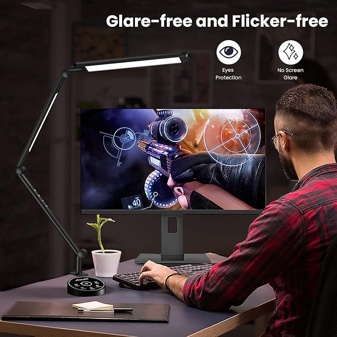 LED Desk Lamp with Clamp, Desk Light, Adjustable Brightness & Color Temperature, Modern Architect Clip on Lamp with Memory & Timer Function, Clamp Light for Study, Work, Home, Office, 15W - LeafyLoom