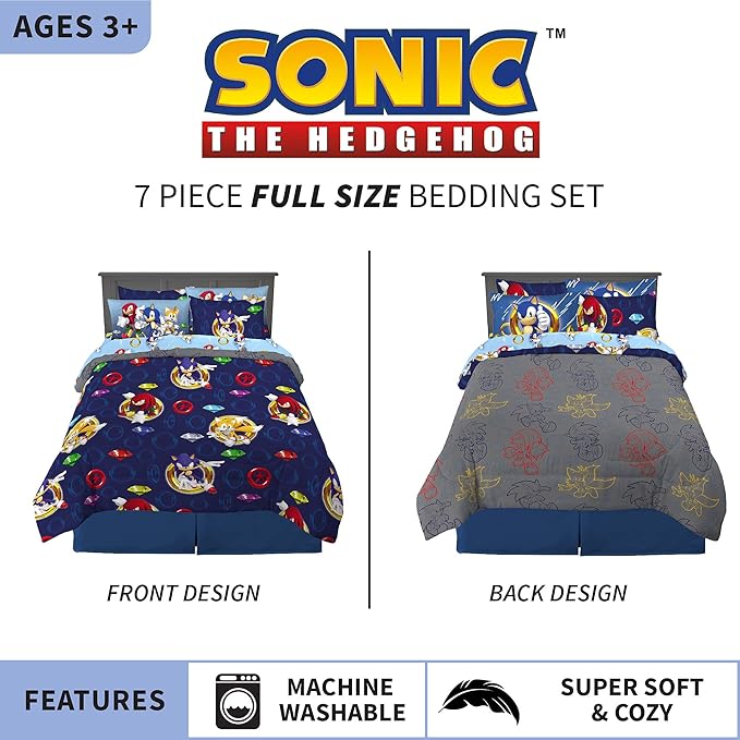 Franco Kids Bedding Super Soft Comforter and Sheet Set with Sham, 7 Piece Full Size, Sonic The Hedgehog - LeafyLoom