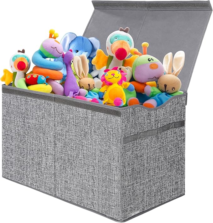 VICTOR'S Kids Toy Box Chest - Extra Large Lightweight Collapsible Toy Storage Organizer Boxes Bins Baskets for Kids, Boys, Girls, Nursery Room, Playroom, Closet (Linen Gray) - LeafyLoom