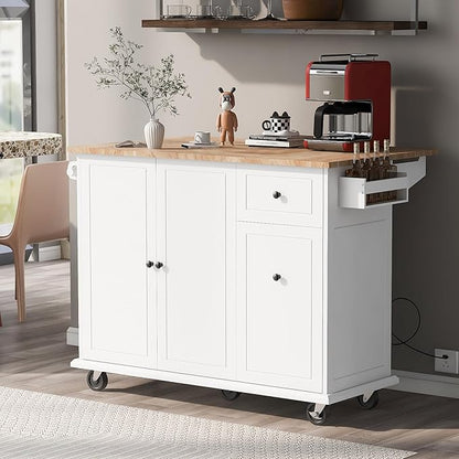 53.9" Drop Leaf, Rolling Island on Wheels w/Drawer and 3-Tier Pull Out Cabinet Organizer, Kitchen Storage Cart with Spice, Towel Rack, White, 53.94 Inch - LeafyLoom