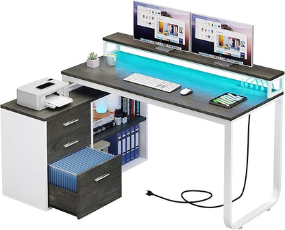 YITAHOME L Shaped Desk with Power Outlets & LED Lights & File Cabinet, 55" Corner Computer Desk with 3 Drawers & 2 Storage Shelves, Home Office Desk with Monitor Stand, White & Grey - LeafyLoom