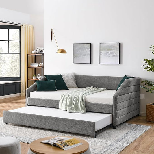 Linen Upholstered Full Size Daybed with Trundle, Solid Wood Tufted Sofa Bed Frame w/Pull Out Bed for Guest Room, Bedroom, Dorm, No Box Spring Needed, Grey - LeafyLoom