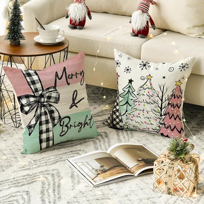 AVOIN colorlife Merry Christmas Joy Xmas Trees Colorful Throw Pillow Covers, 18 x 18 Inch Christmas Winter Holiday Cushion Case Decoration for Sofa Couch Set of 4 AVOINcolorlife