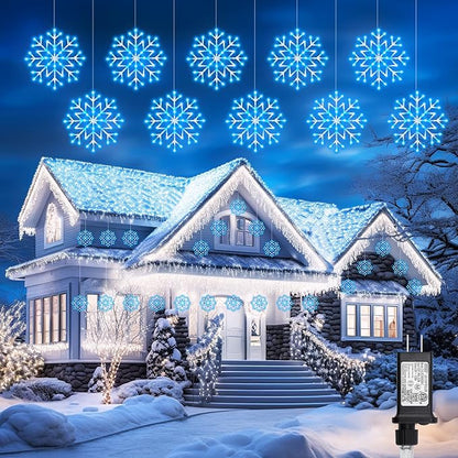 Christmas Snowflake Icicle Lights Outdoor - Plug-in 23.6ft 10 Drops 480LED Snowflake Window Lights, Connectable for Indoor Outdoor Porch Eaves Rooftops Canopy Christmas Decoration, Blue and White Brightown