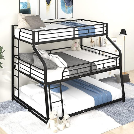 Twin XL/Full XL/Queen Triple Bunk Bed with Long and Short Ladder and Full-Length Guardrails,Metal Bed-Frame for Bedroom/Living Room/Apartment,Guest-Room,Black - LeafyLoom