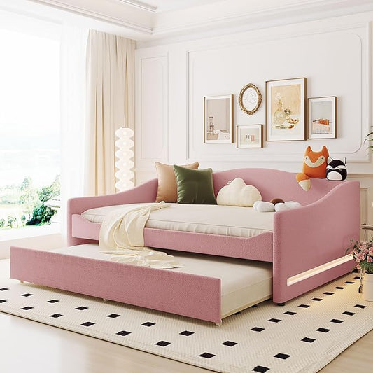 Full Size Upholstered Daybed with Trundle and LED Light, Teddy Fleece Sofabed, Day Bed Frame w/Wood Slats, for Bedroom Living Room, Pink - LeafyLoom