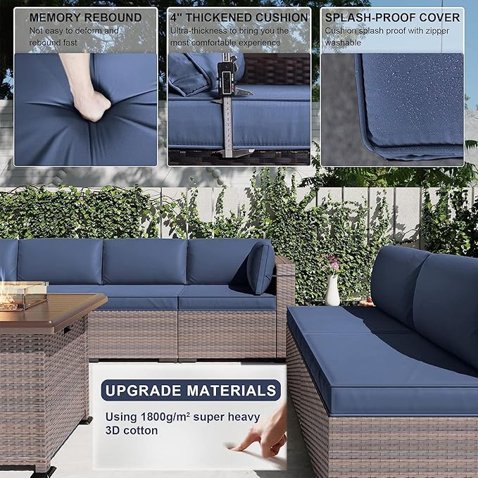 Kullavik 13 Pieces Outdoor Patio Furniture Set with 43" 55000BTU Gas Propane Fire Pit Table PE Wicker Rattan Sectional Sofa Patio Conversation Sets,Navy Blue - LeafyLoom