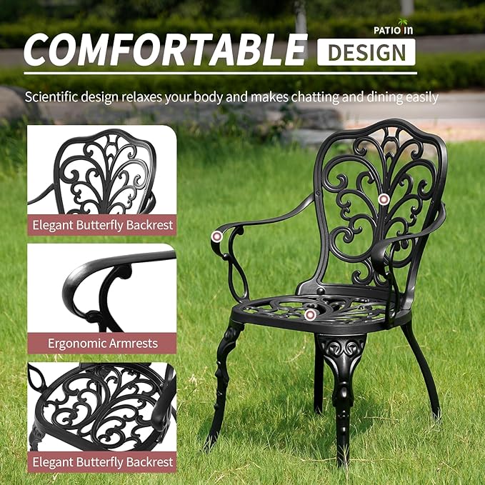 Bistro Table and Chairs Set of 2, Cast Aluminum Patio Furniture, Outdoor Bistro Set 3 Piece with Umbrella Hole for Balcony Porch Yard - LeafyLoom