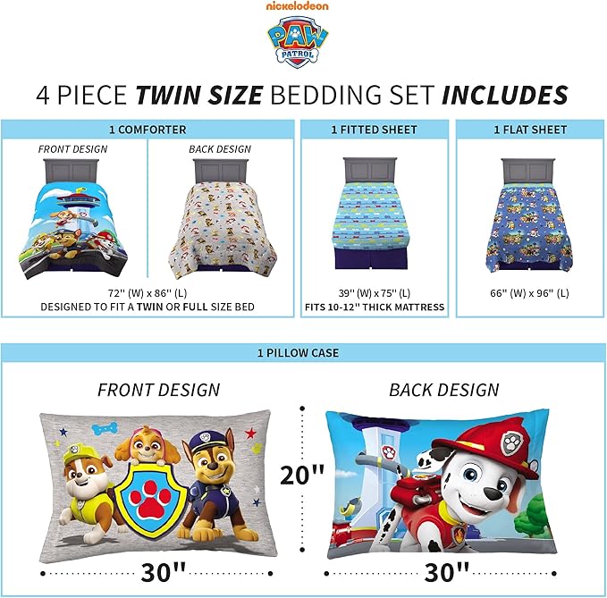 Franco Kids Bedding Super Soft Comforter and Sheet Set, 4 Piece Twin Size, Paw Patrol (Prints may vary) - LeafyLoom