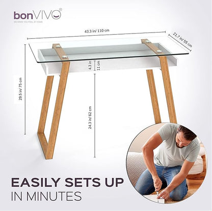 bonVIVO Massimo Small Desk - 43 Inch, Modern Computer Desk for Small Spaces, Living Room, Office and Bedroom - Study Table w/Glass Top and Shelf Space - Black - LeafyLoom