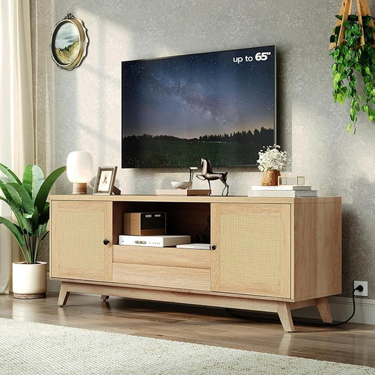 HOOBRO Rattan TV Stand for up to 65 inches TV, Large Boho Media TV Console with Charging Station, Mid Century Entertainment Center with Drawer and Adjustable Shelves for Living Room, Natural NL24UDS01 - LeafyLoom