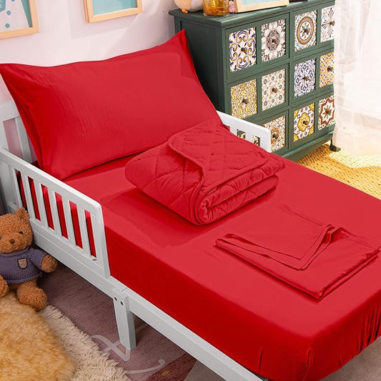 NTBAY Toddler Bedding Set - 4 Piece Soft and Breathable Crib Bedding Set for Boys and Girls, Includes Quilted Comforter, Fitted Sheet, Flat Top Sheet and Envelope Pillowcase, Wine Red - LeafyLoom