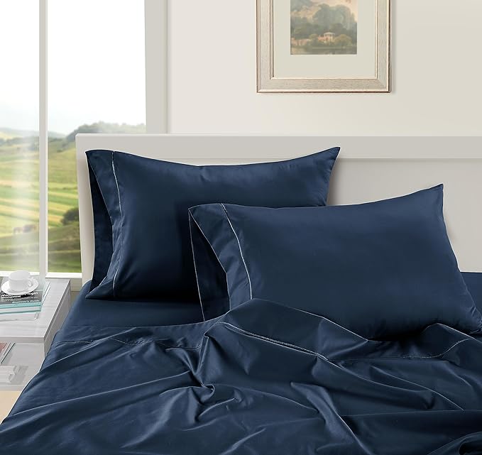 LANE LINEN 100% Egyptian Cotton Bed Sheets - 1000 Thread Count 4-Piece Calking Sheets Set, Long Staple Cotton Bedding Sheets, Sateen Weave, Luxury Hotel Sheets, Fits Upto 16" Mattress - Estate Blue - LeafyLoom