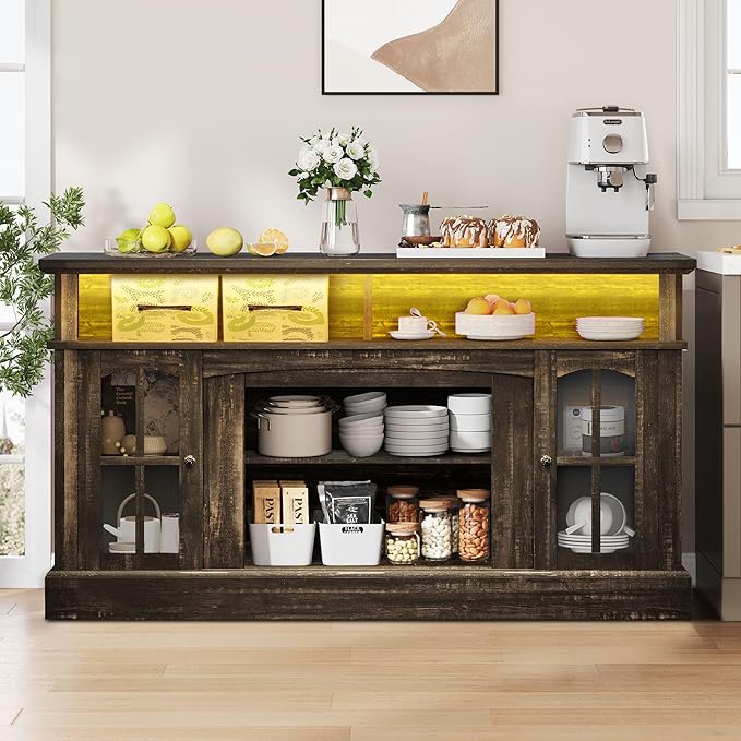 YITAHOME Coffee Bar Cabinet, 58 Inch Farmhouse Buffet Cabinet with Power Outlets and LED Lights, Sideboard Storage Cabinets w/Adjustable Shelves & Glass Doors for Kitchen, Living Room, Dark Rustic Oak - LeafyLoom