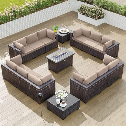 Kullavik 15PCS Outdoor Patio Furniture Set with 43" 55000BTU Gas Propane Fire Pit Table PE Wicker Rattan Sectional Sofa Patio Conversation Sets w/8 Coner Sofas,Sand - LeafyLoom