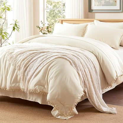 Anluoer Full Comforter Set 7 Piece, Cream Bed in a Bag with Sheets, Pom Pom Boho Bedding Comforter Sets with 1 Comforter, 2 Pillow Shams, 2 Pillowcases, 1 Flat Sheet, 1 Fitted Sheet - LeafyLoom