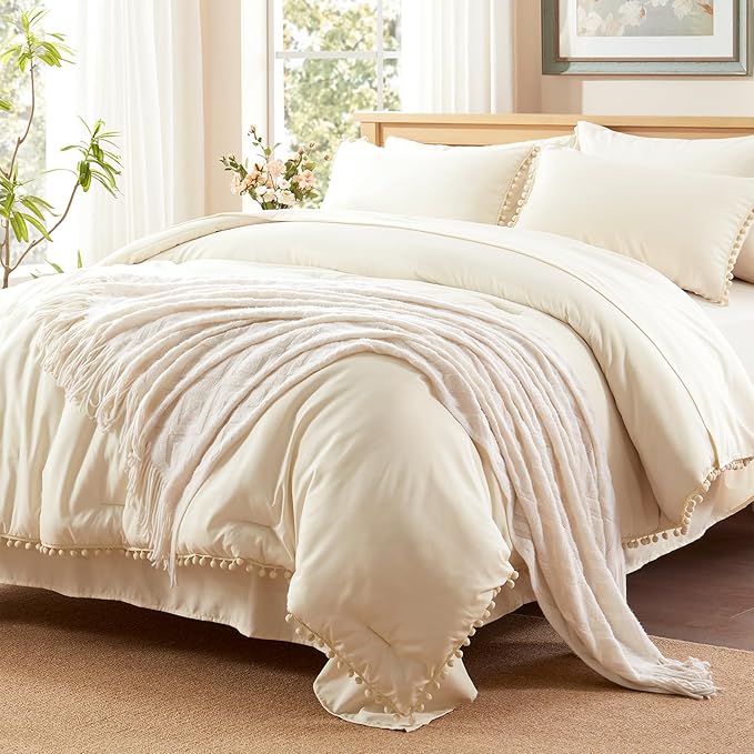 Anluoer Queen Comforter Set 7 Piece, Cream Bed in a Bag with Sheets, Pom Pom Boho Bedding Comforter Sets with 1 Comforter, 2 Pillow Shams, 2 Pillowcases, 1 Flat Sheet, 1 Fitted Sheet - LeafyLoom