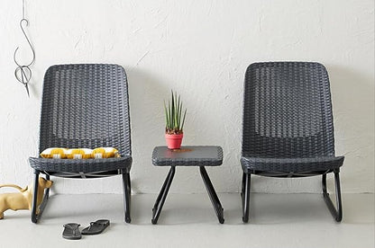 Keter Rio 3 Piece Resin Wicker Patio Furniture Set with Side Table and Outdoor Chairs, Dark Grey - LeafyLoom