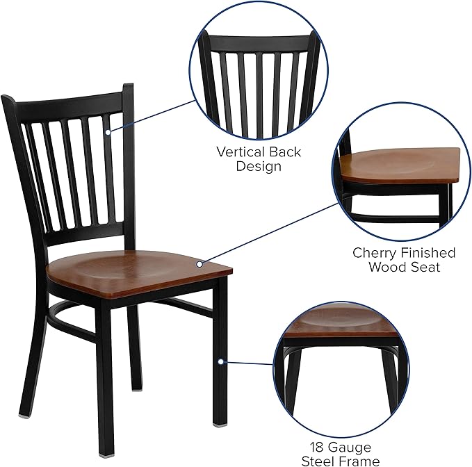 Flash Furniture HERCULES Series Black Vertical Back Metal Restaurant Chair - Cherry Wood Seat - LeafyLoom