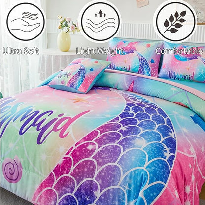 RYNGHIPY Mermaid Twin Girls Bedding Set, Colorful Rainbow Kids Girls Comforter Set with Sheets Soft and Lightweight, 6 Pieces Teen Girls Bed in a Bag - LeafyLoom