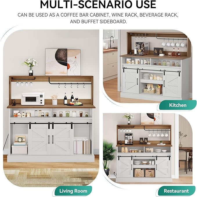 YITAHOME 52" Farmhouse Buffet Cabinet with Storage, Sliding Barn Door, Sideboard Cabinet with Goblet Holder, 5 Hooks and Power Outlets, Coffee Bar Cabinet for Kitchen, Living Room (White) - LeafyLoom