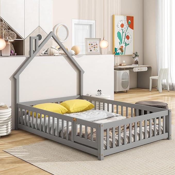 Bellemave Full Size House-Shaped Headboard Floor Bed for Kids, Montessori Floor Bed with Fence and Door,House Bed Twin Frame for Girls,Boys (Gray) - LeafyLoom