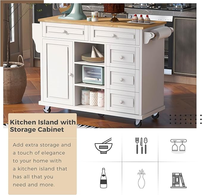 Kitchen Island with Storage Cabinets, Rolling Mobile Kitchen-cart w/Rubber Wood Desktop and 5 Drawers & Open Shelves, Sideboard for Dining Room, Home Bar - LeafyLoom