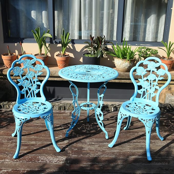 KAI LI Outdoor Furniture Bistro Set with Rose Pattern 1 Table 2 Chairs for Garden Patio Porch (Rose-Light Blue) - LeafyLoom