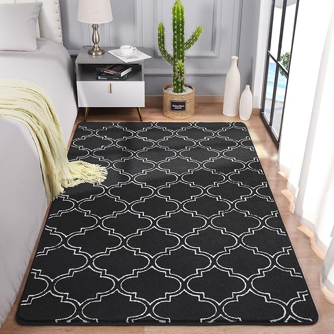 Chicrug Shag Geometric 5x7 Area Rug for Living Room, Large Modern Memory Foam Indoor Carpet, Fluffy Rug for Bedroom Bedside Room Decor for Family Girls Kids Nursery, Black/White - LeafyLoom