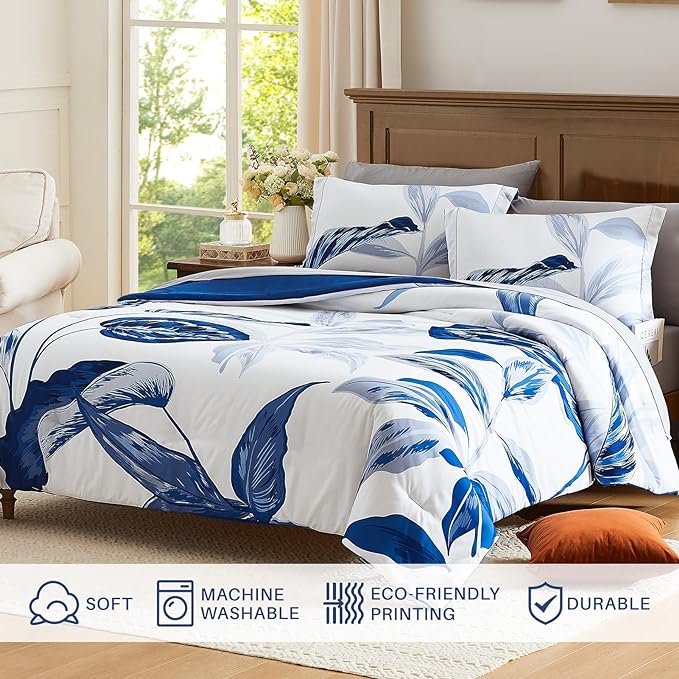 WRENSONGE Full Size Comforter Sets, 7 Pieces Blue Floral Comforter Set with Sheets for Full Size Bed, Leaf Pattern Bedding Sets Full, Soft Lightweight Breathable Bed in a Bag for All Seasons - LeafyLoom