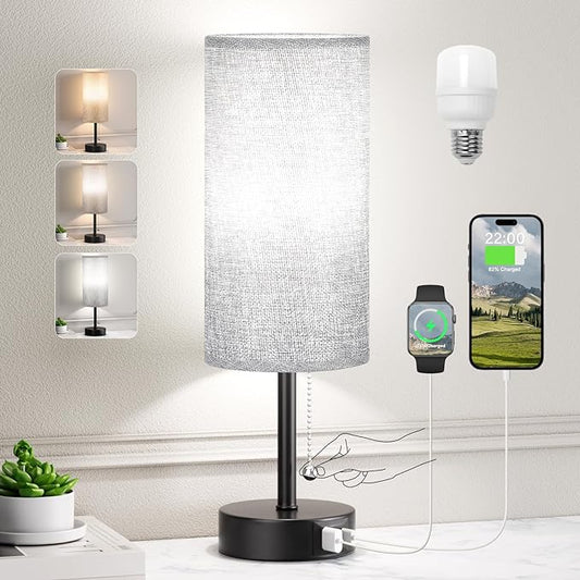 Grey Bedside Lamp for Bedroom Nightstand - Small Table Lamp with USB A + C Charging Port, 3 Color Temperatures Pull Chain Night Stand Light with Bulb, Side Table Desk Reading Lamp for Living Room - LeafyLoom