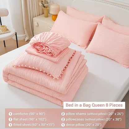 8 Piece Woven Texture Pink Comforter Set Queen, Bed in a Bag Bedding Sets Queen with Comforter and Sheets, Soft Lightweight Comforter Set with Deocor Throw Pillow, Pink - LeafyLoom