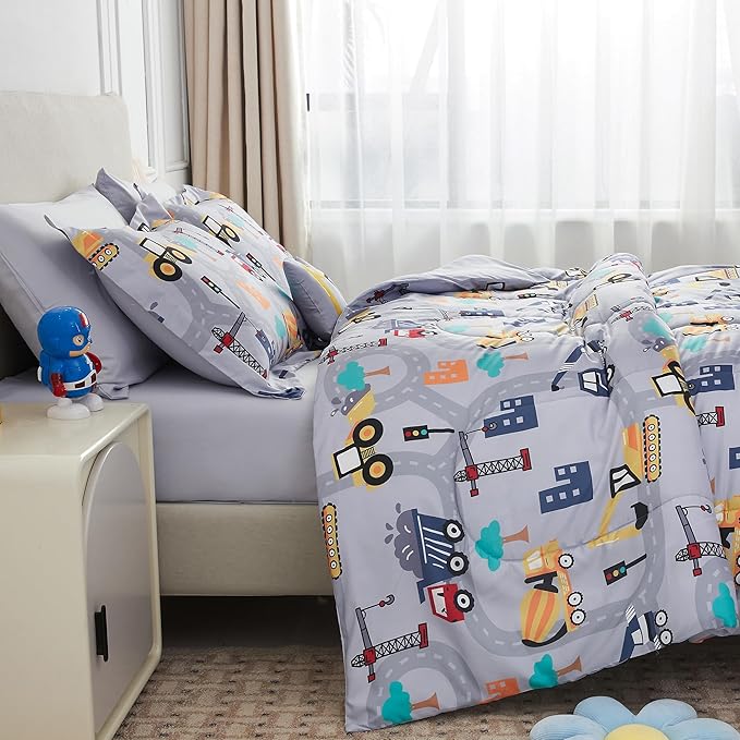 Mooreeke Bed in a Bag for Kids Boys Teens, 6 Pieces Twin Size Comforter Bed Set with Shams, Sheet Set and Decorative Toy Pillow, Excavator Super Soft Microfiber Kids Comforter Bedding Set - LeafyLoom