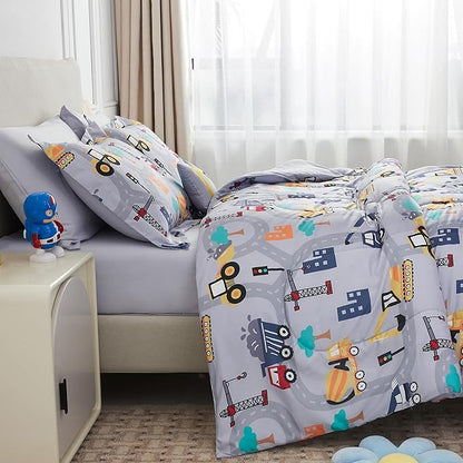 Mooreeke Bed in a Bag for Kids Boys Teens, 8 Pieces Full Size Comforter Bed Set with Shams, Sheet Set and Decorative Toy Pillow, Excavator Super Soft Microfiber Kids Comforter Bedding Set - LeafyLoom