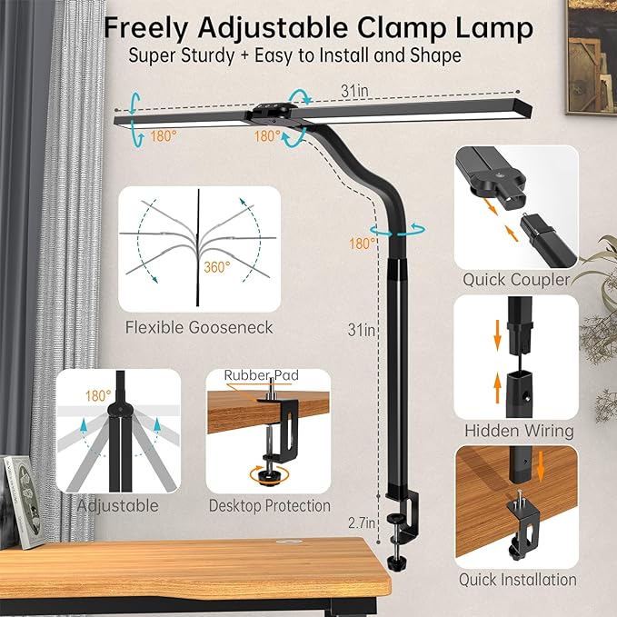 LED Desk Lamp for Home Office, Bright Adjustable Gooseneck Architect Desk Lamp with Clamp, Smart Dimmable Computer Desk Lamp with Remote & Sensor, Clip Table Light for Work Study Reading, 24W - LeafyLoom