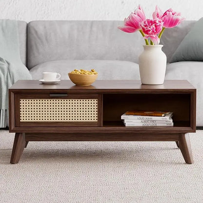 Bme Modern Solid Wood Coffee Table with Storage, Accent Rattan Design, Perfect for Living Room, Walnut, Medium - LeafyLoom