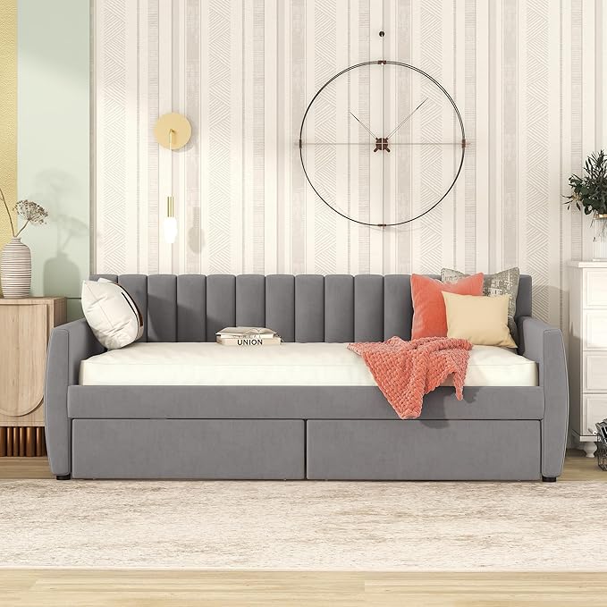 Velvet Upholstered Twin Daybed with Two Storage Drawers, Solid Wooden Sofa Bed Frame w/Vertical Stripes Designed Backrest and Pine Legs, Space-Saving Design, Gray - LeafyLoom