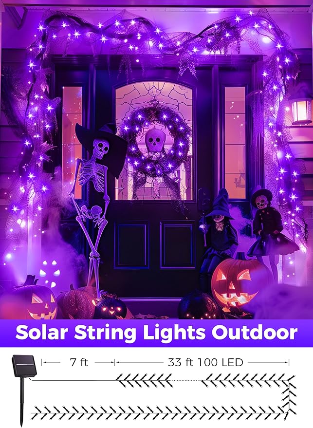 Minetom 2 Pack Solar Halloween Lights Outdoor, Total 80FT 200 LED Halloween String Lights with 8 Modes, Halloween Decoration Outdoor, Waterproof Solar String Lights for Outside Tree Yard Party, Purple Minetom