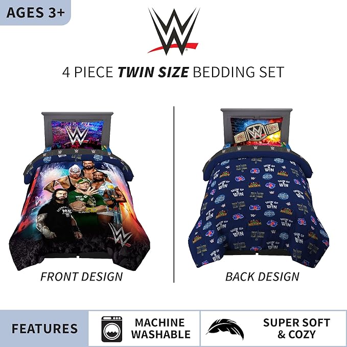 Franco Kids Bedding Super Soft Comforter and Sheet Set, 4 Piece Twin Size, WWE - LeafyLoom