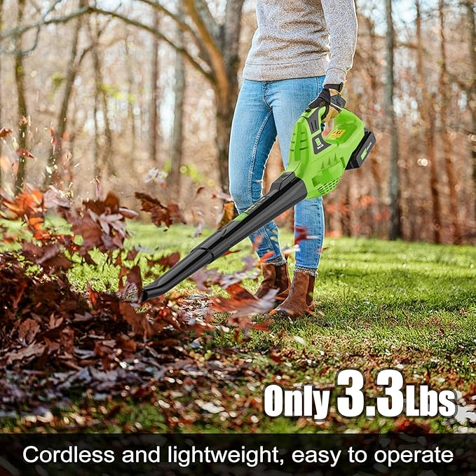 Leaf Blower Cordless,4.0Ah 21V Handheld Electric Leaf Blower with Battery and Charger, 2 Speed Mode, Lightweight Battery Powered Blowers for Lawn Care, Patio, Yard, Sidewalk,Snow Blowing - LeafyLoom