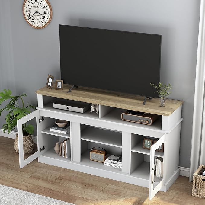 58 Inch TV Stand, Television Stands with 2 Tempered Glass Doors, Storage Cabinet and Shelves, Entertainment Center for Living Room, White+Wood - LeafyLoom